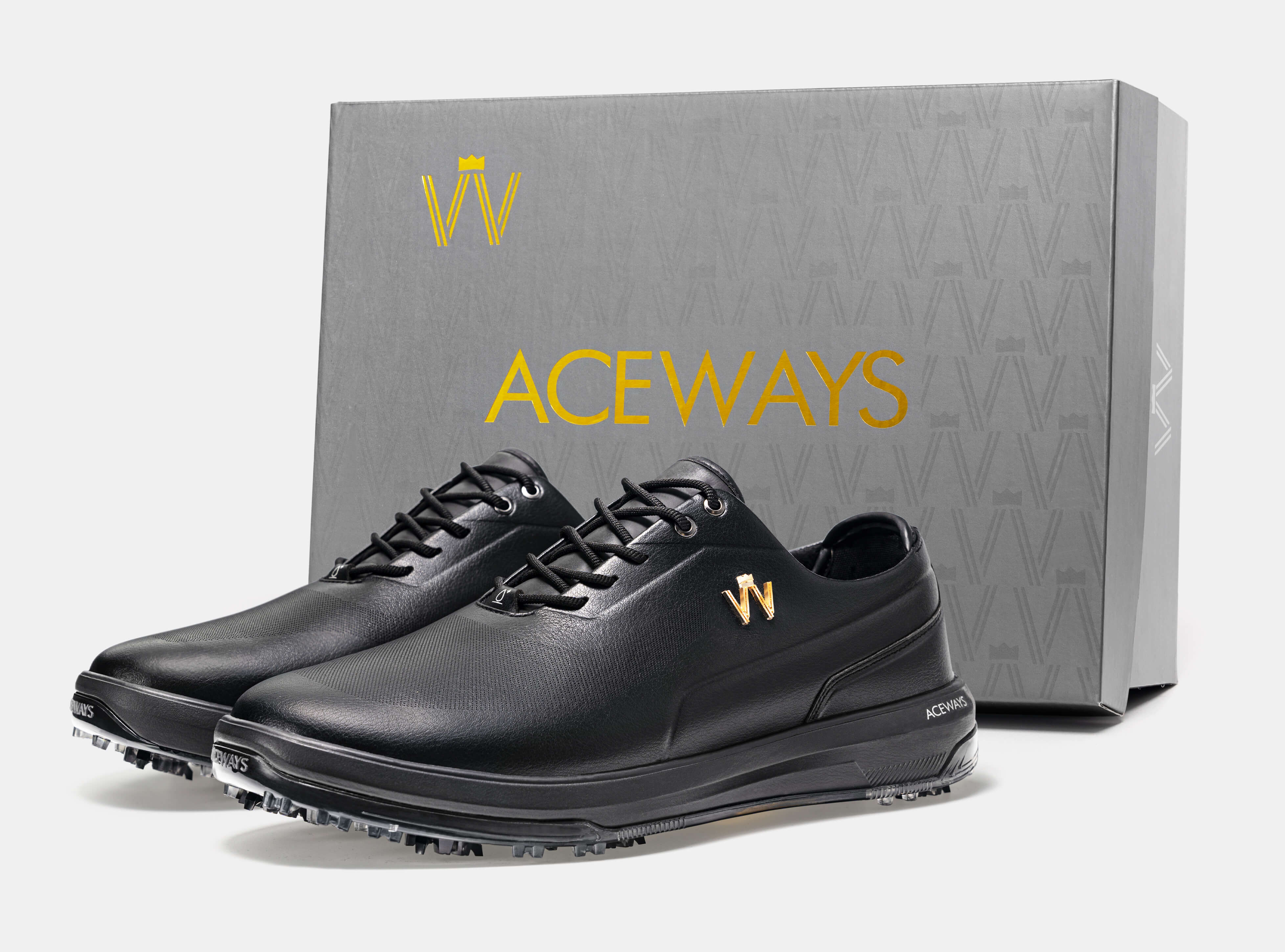 Aceways Magic Men's Wide-Fit Waterproof Spiked Golf Shoes – Onyx Black | Tour-Proven Grip